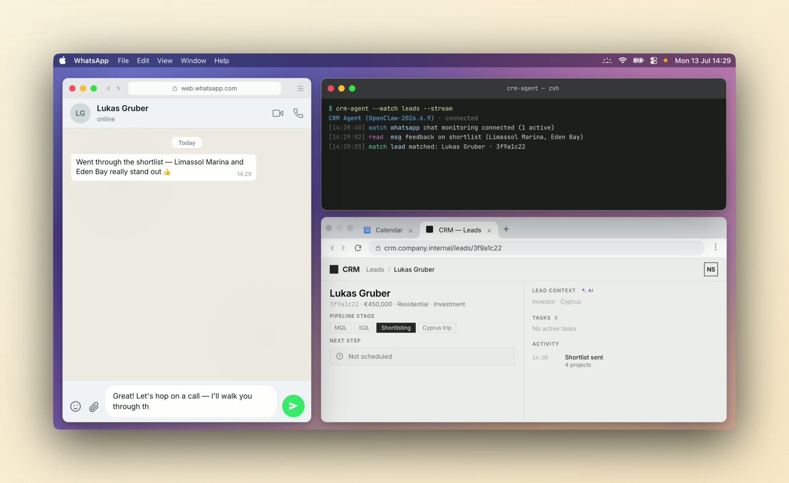 Demo: CRM agent watching the chat and updating the lead card